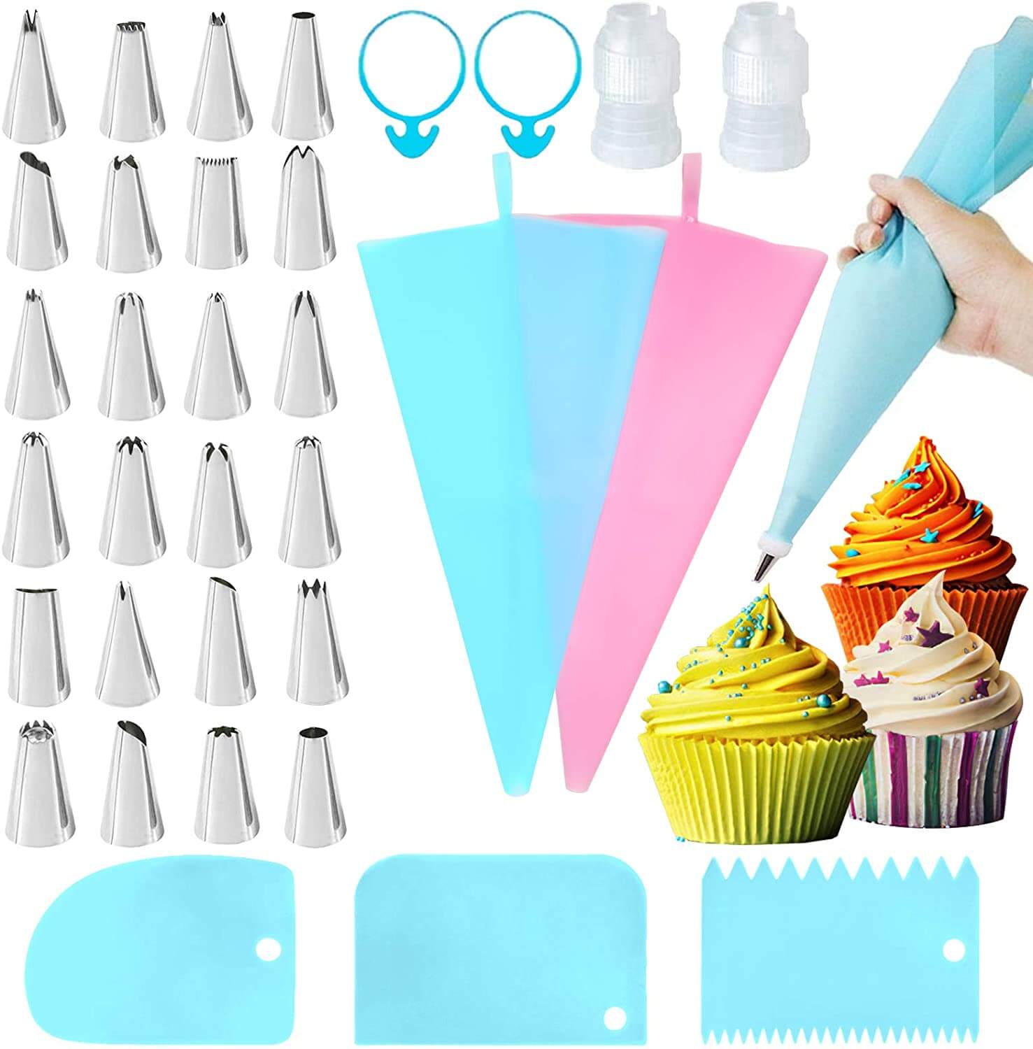 33pc Icing Piping Tip Set includes silicone piping bags and icing ...