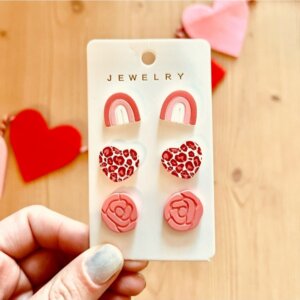 Pink Heart Rainbow Rose Earring
